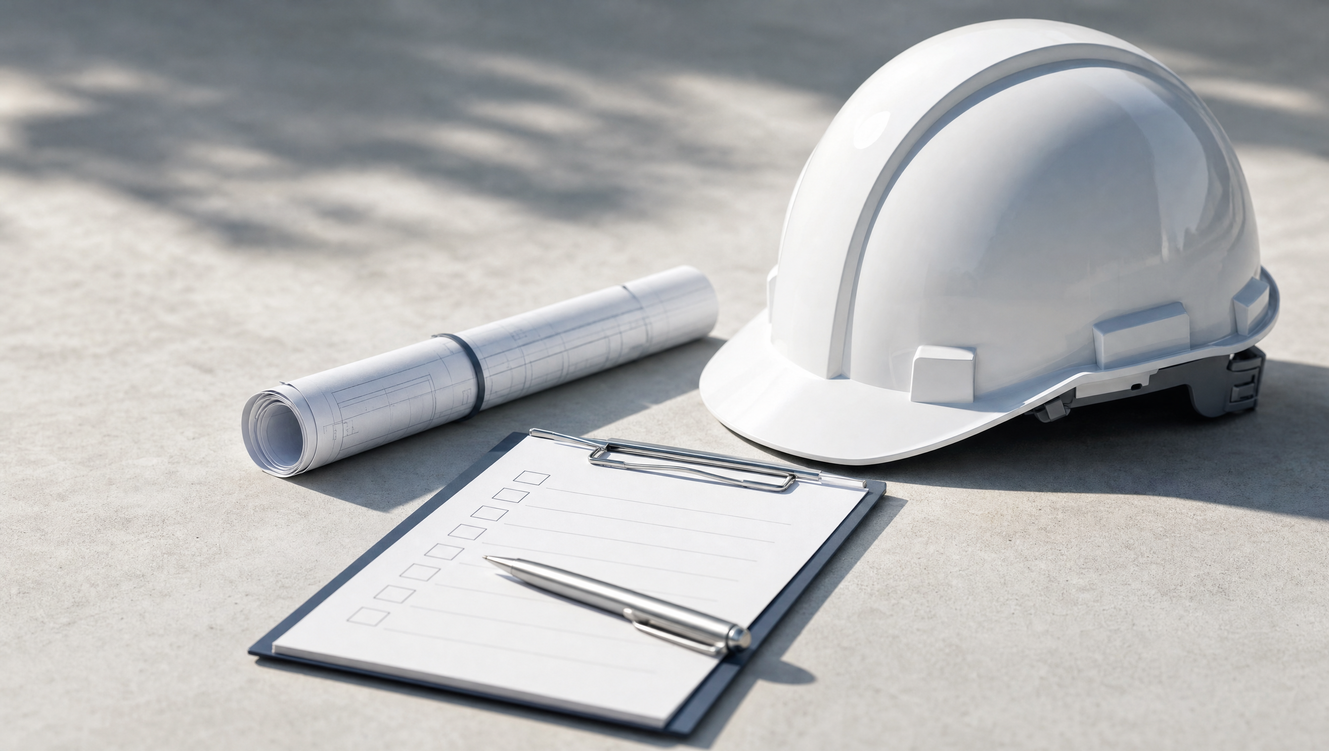 Safety helmet, blueprint and checklist
